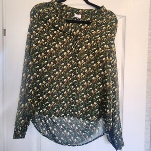 CAbi Floral Button-Up Blouse with Cream & Tan Accents M Euc